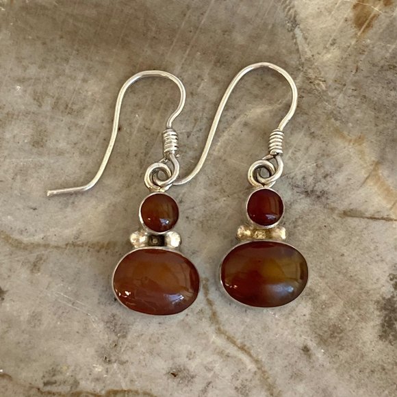 Sterling Silver 950 1.26" Oval Bezel Set Carnelian Gemstone Dangle Earrings 3.5g - Picture 6 of 16